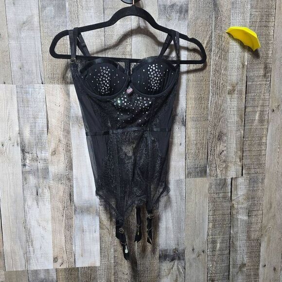Victoria's Secret Black Lace Mesh Embellished Bustier Corset 36C - Picture 2 of 6